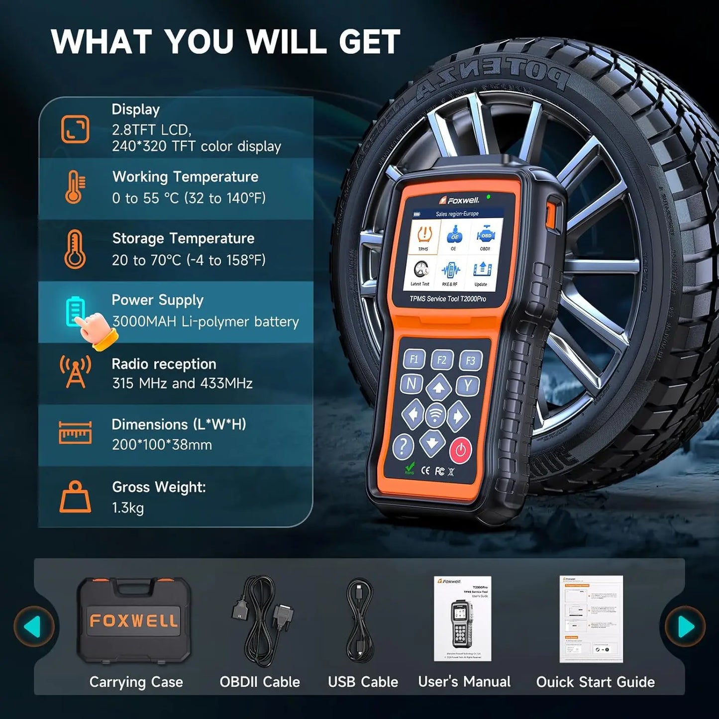 Foxwell T2000 Pro Auto Tire Pressure Tool TPMS Relearn Activate Sensors Programming OBD2 Code Reader Diagnostic Tool