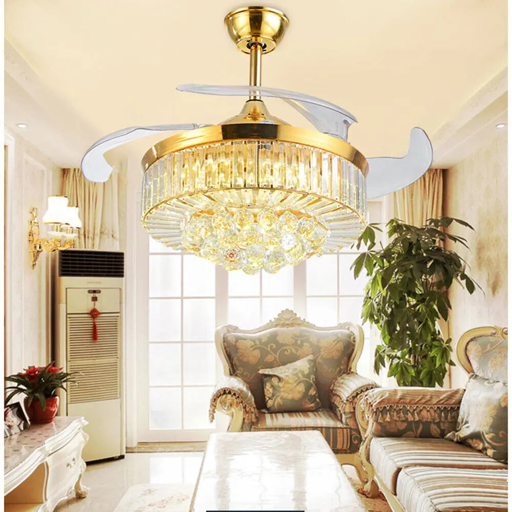 42 Inch Invisible LED Ceiling Fan Light Crystal Retractable Chandelier Lamp with Remote Control
