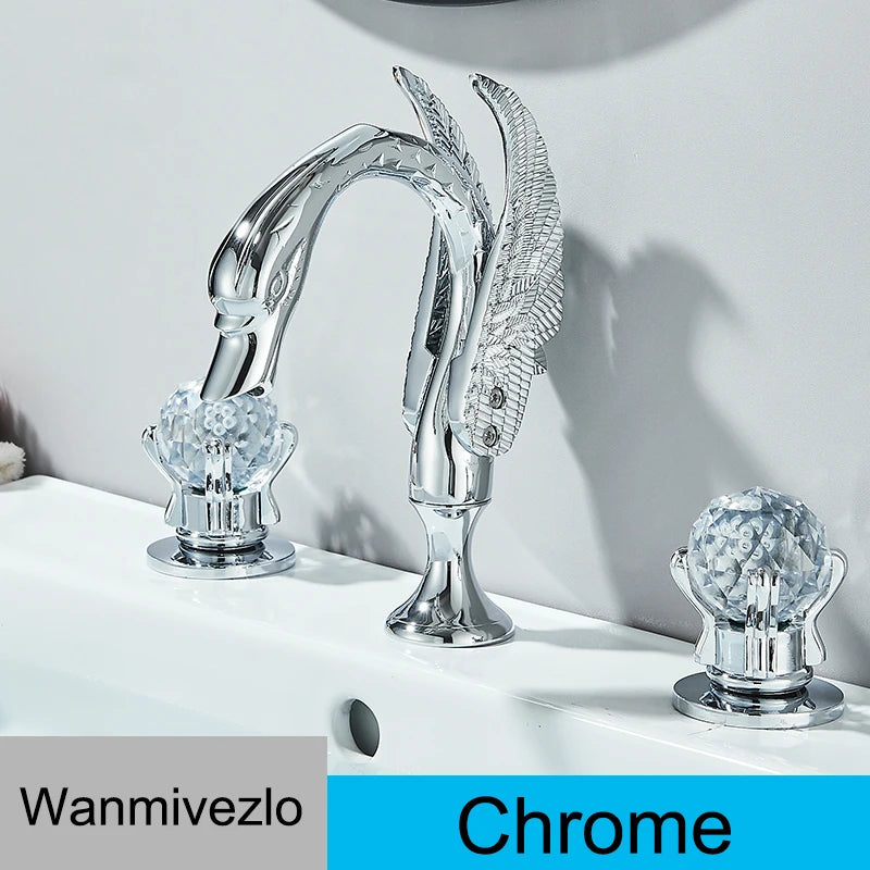 Wanmivezlo Gold Swan Basin Faucet Luxury Deck Mounted Dual Crystal Handle Bathroom Mixer Tap Cold and Hot Water