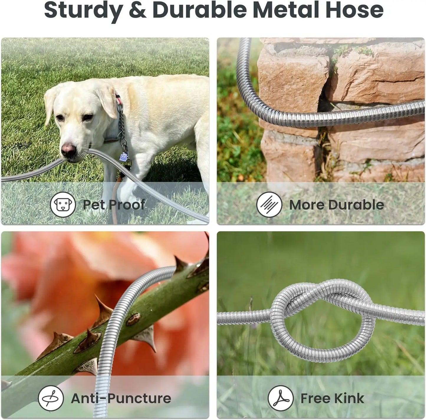 Giraffe Tools 5/8 Inch Garden Hose 304 Stainless Steel Metal Water Hose No Kink Garden Water Hose with 9 Pattern Spray Nozzle