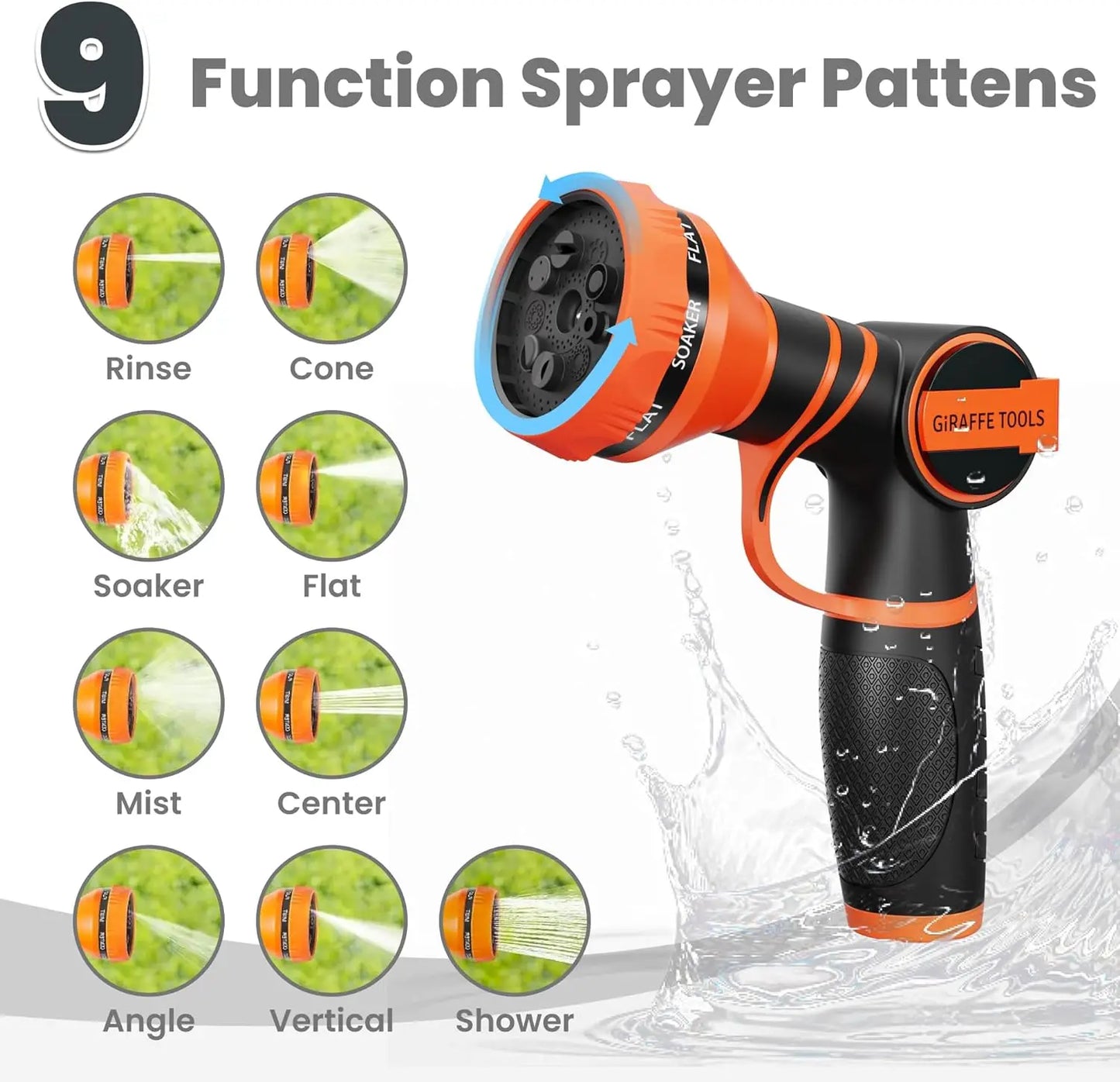 Giraffe Tools 5/8 Inch Garden Hose 304 Stainless Steel Metal Water Hose No Kink Garden Water Hose with 9 Pattern Spray Nozzle