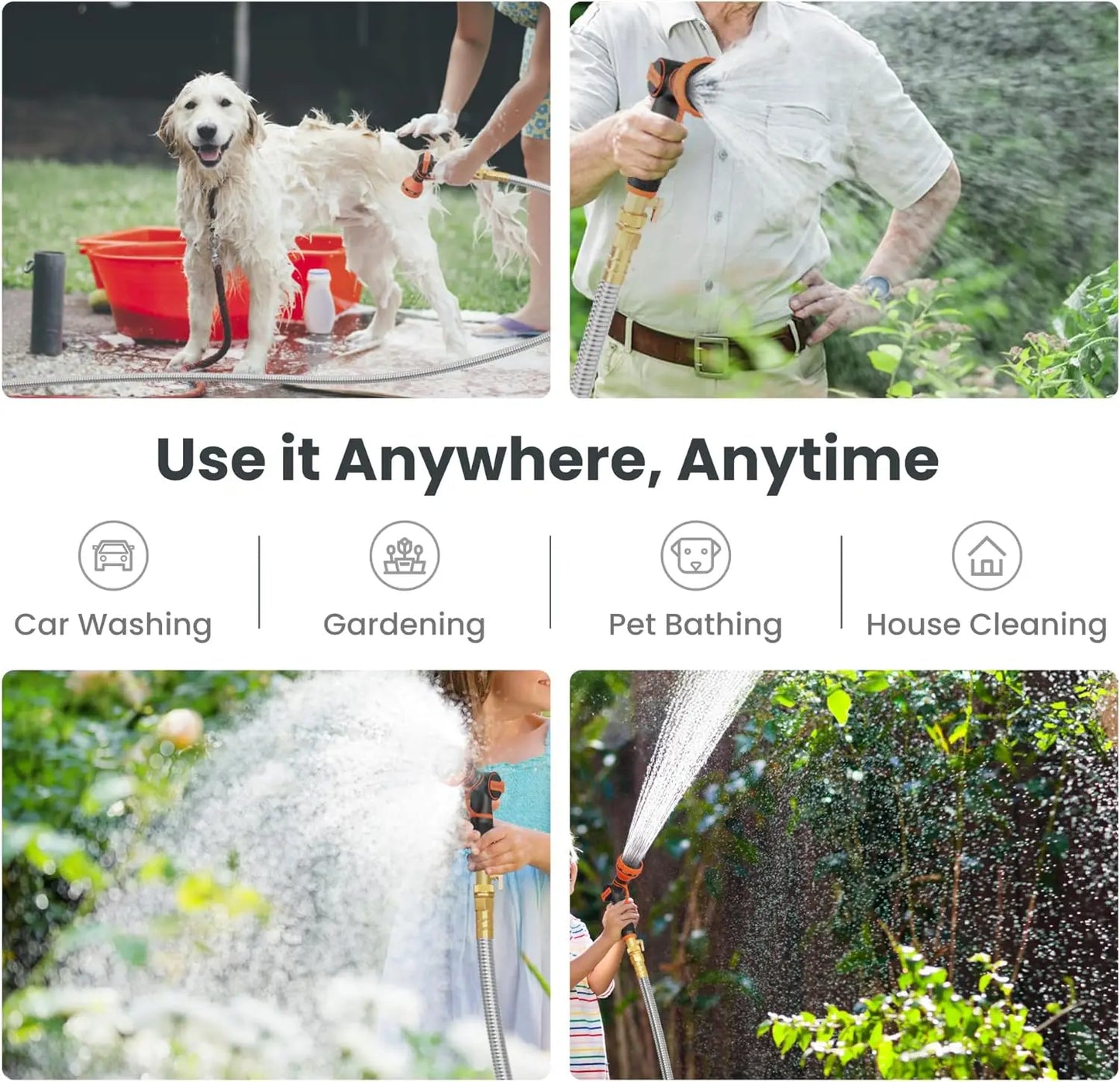 Giraffe Tools 5/8 Inch Garden Hose 304 Stainless Steel Metal Water Hose No Kink Garden Water Hose with 9 Pattern Spray Nozzle