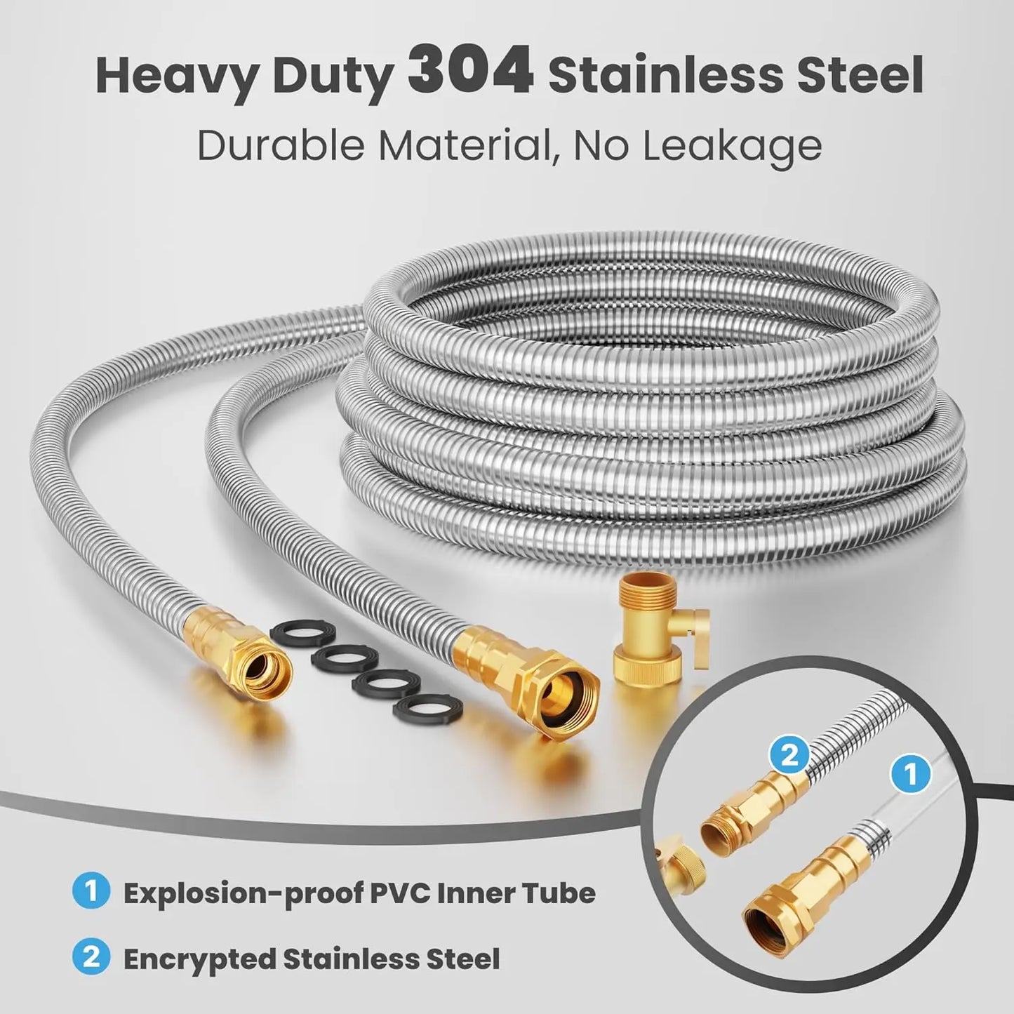 Giraffe Tools 5/8 Inch Garden Hose 304 Stainless Steel Metal Water Hose No Kink Garden Water Hose with 9 Pattern Spray Nozzle