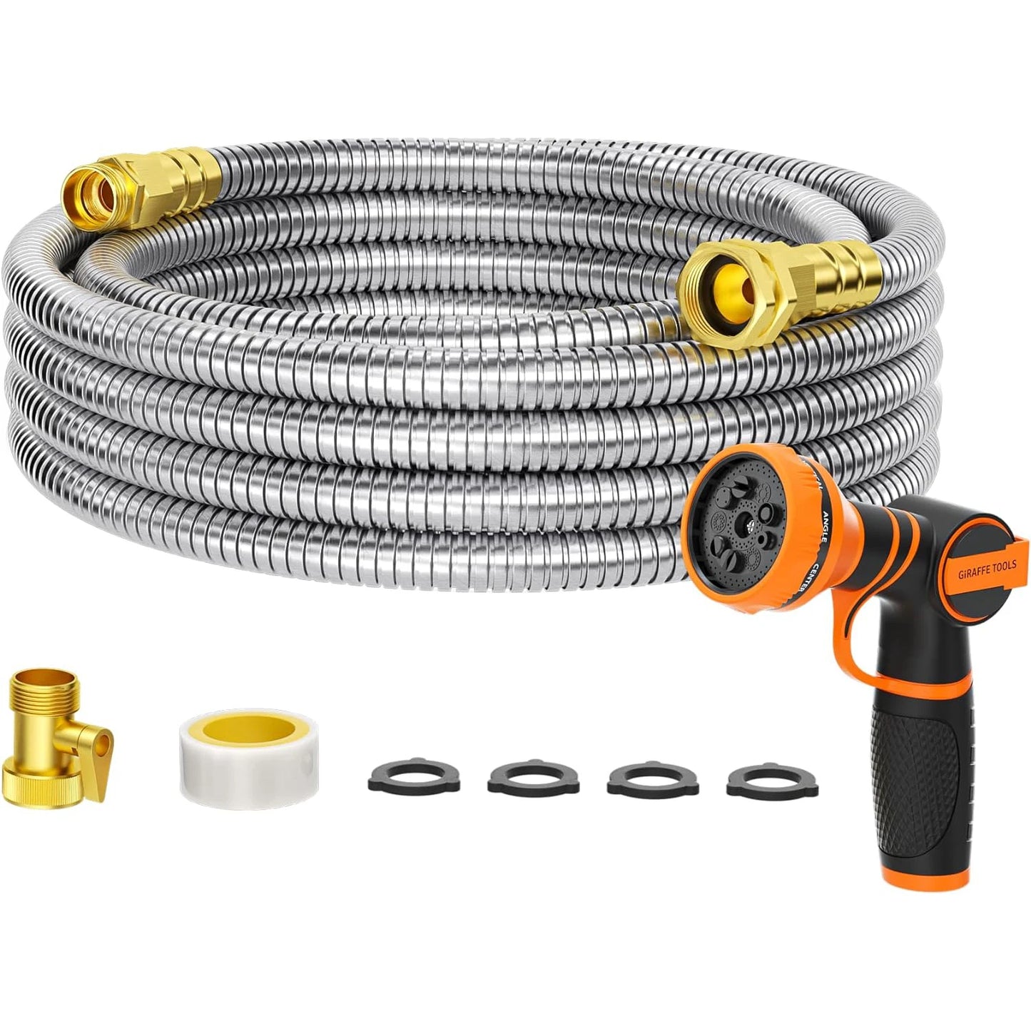 Giraffe Tools 5/8 Inch Garden Hose 304 Stainless Steel Metal Water Hose No Kink Garden Water Hose with 9 Pattern Spray Nozzle