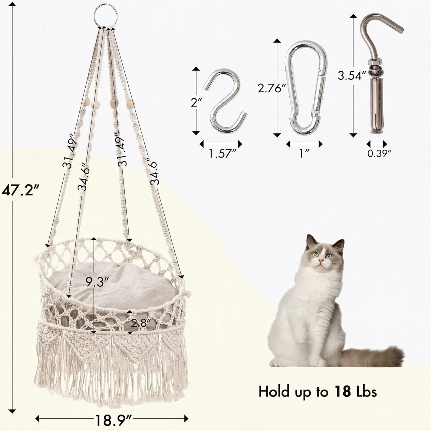 Mewoofun Macrame Cat Hammock Bed Hanging Swing Boho Cat Bed
