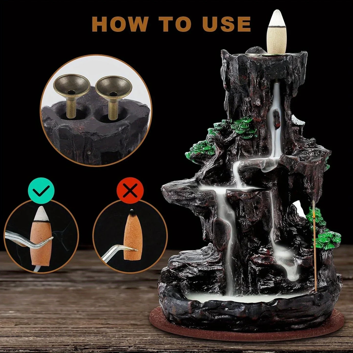 2 Sides Waterfall Incense Burner with 120 Backflow Incense Cones and 30 Incense Sticks Aromatherapy Ornament
