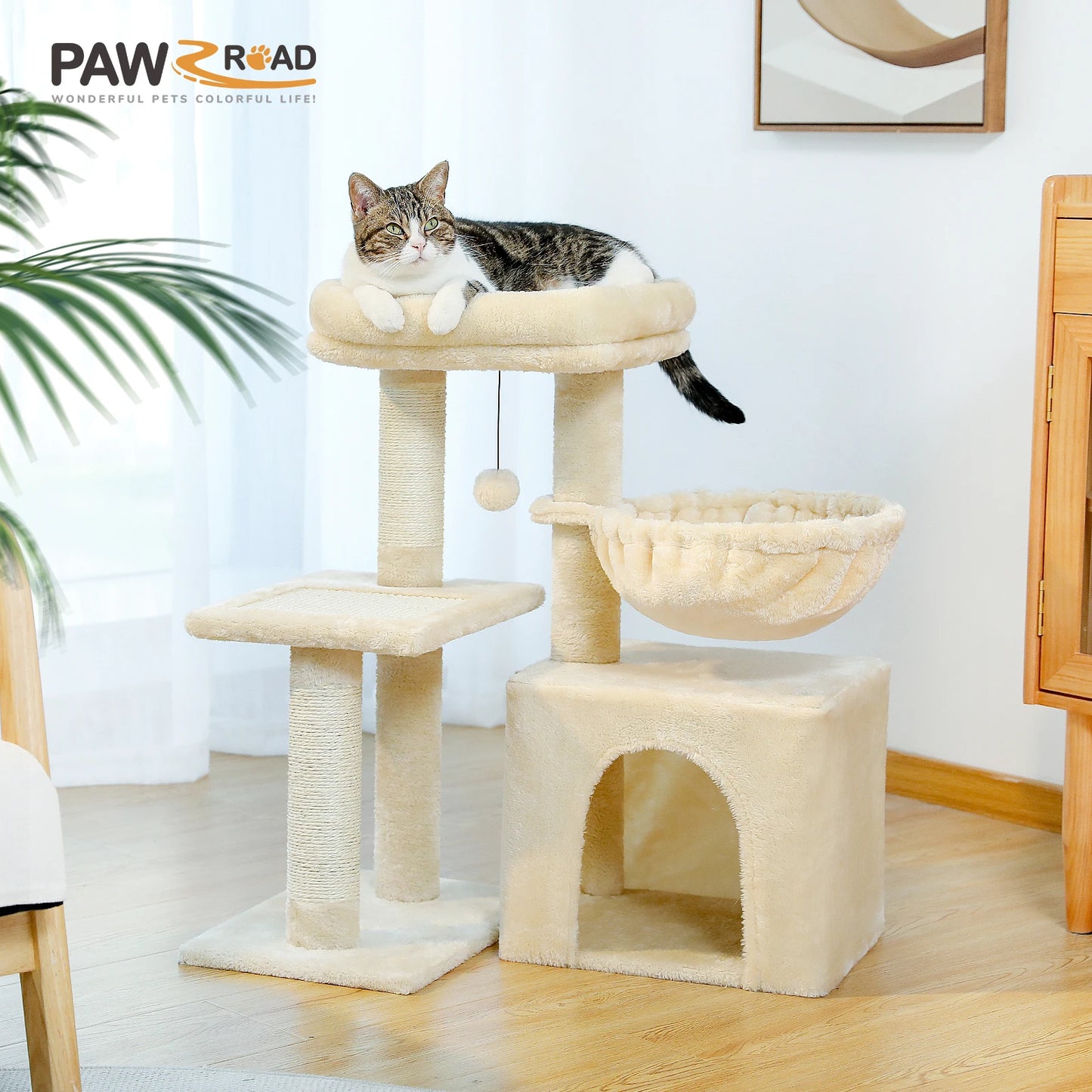 2 in 1 Cat Tree with Sisal Scratching Post Hammock Large Cat Condo Small Cat Tower House for Indoor Cat Scratcher Board Cat Toys