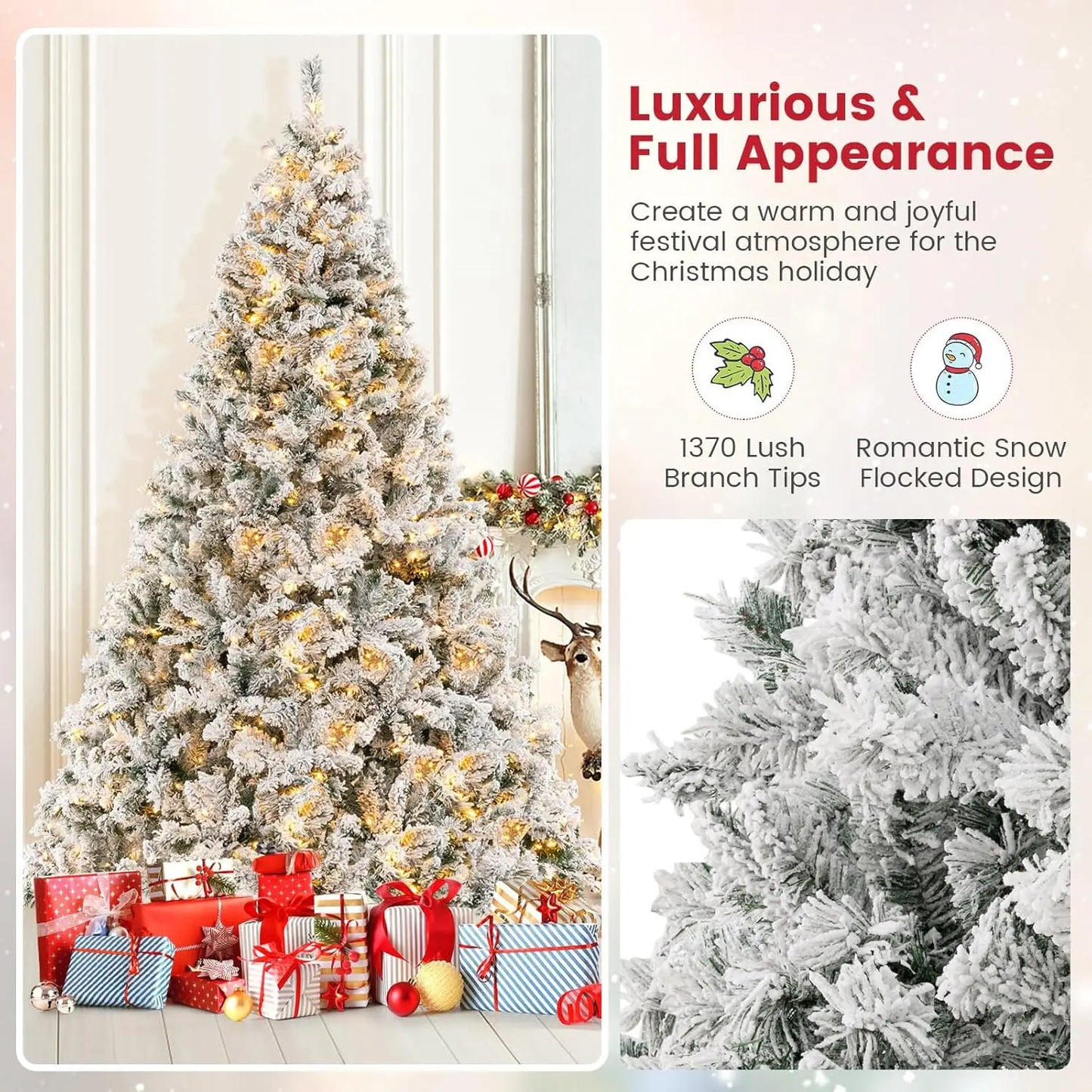 Electronic Pre Lit Flocked Christmas Tree With 600 LED Lights