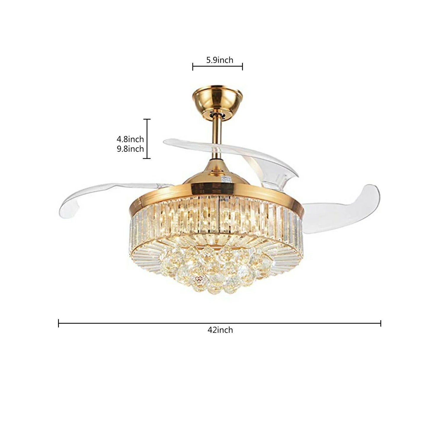 42 Inch Invisible LED Ceiling Fan Light Crystal Retractable Chandelier Lamp with Remote Control