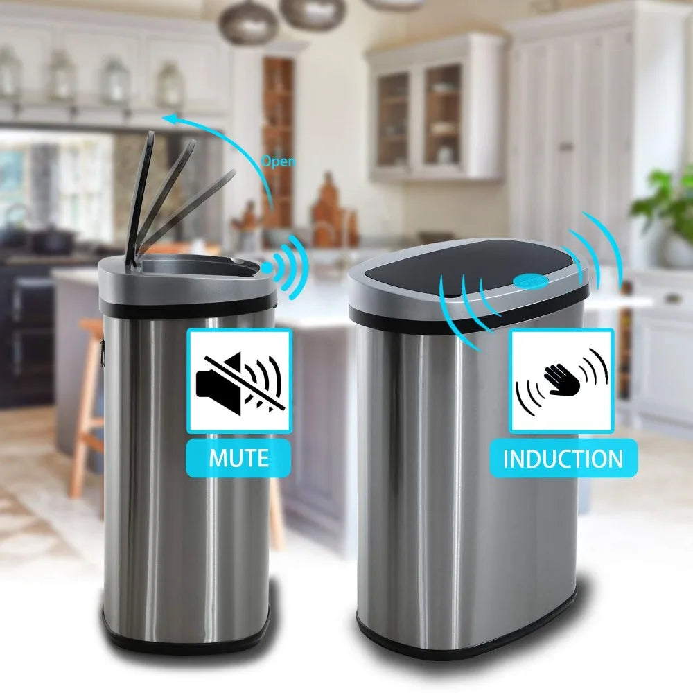 Trash Can Automatic Waste Bin Mute Metal Garbage Can with Lid Stainless Steel 13 Gallon 50 Liter for Kitchen Office Bedr