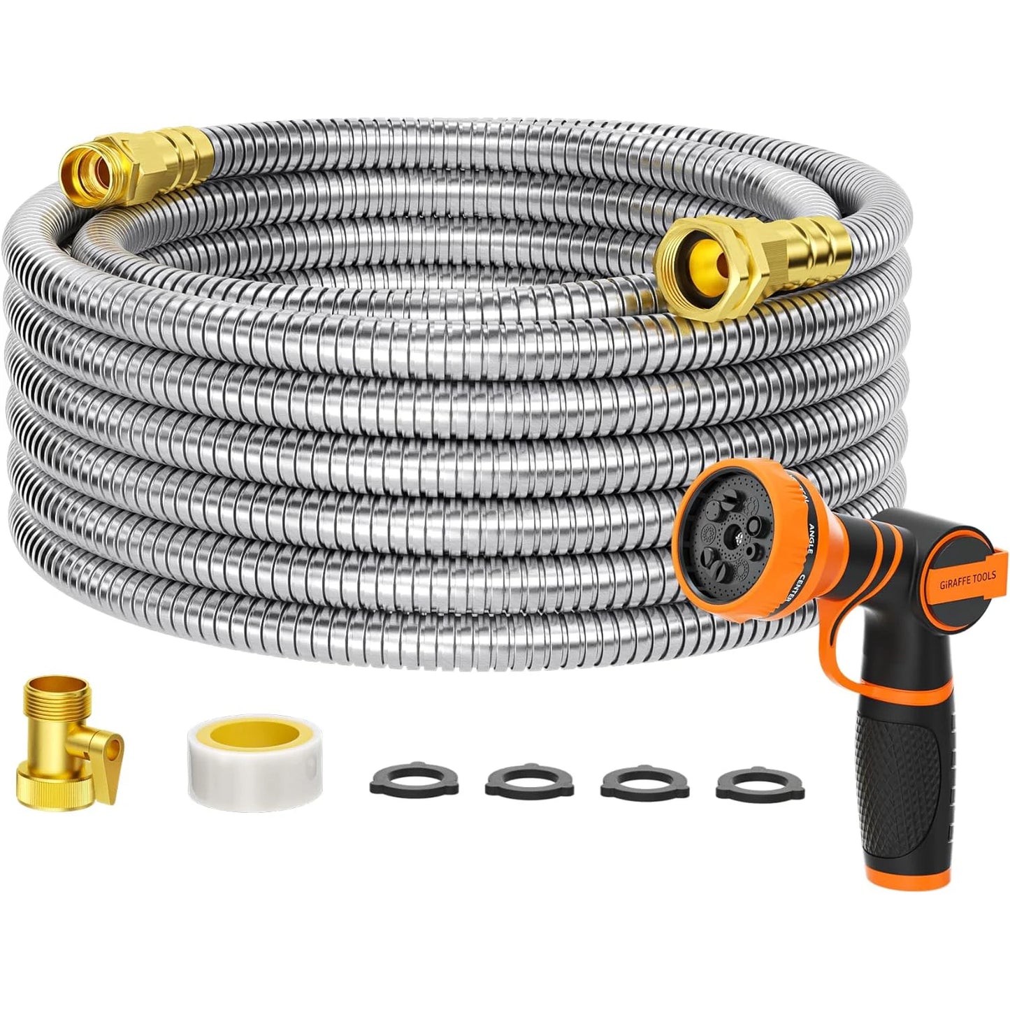 Giraffe Tools 5/8 Inch Garden Hose 304 Stainless Steel Metal Water Hose No Kink Garden Water Hose with 9 Pattern Spray Nozzle
