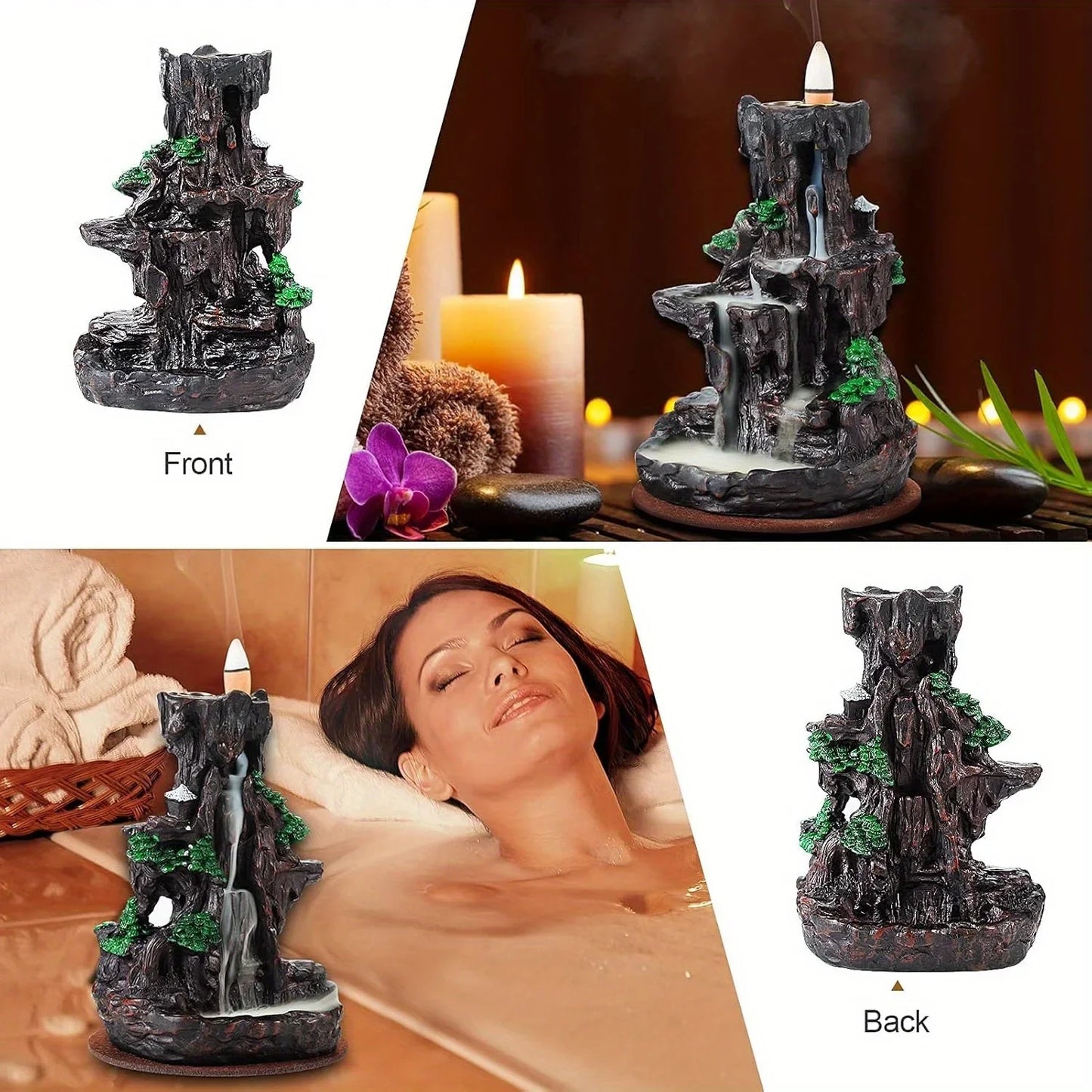 2 Sides Waterfall Incense Burner with 120 Backflow Incense Cones and 30 Incense Sticks Aromatherapy Ornament