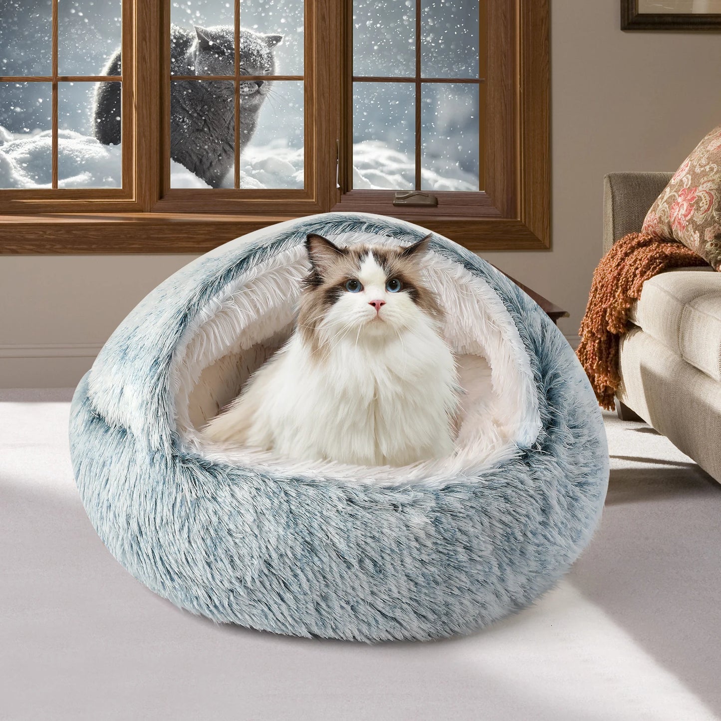 Catism 50Cm Plush Hooded Cat Bed Indoor Calming Nest Self Warming Cozy Cave