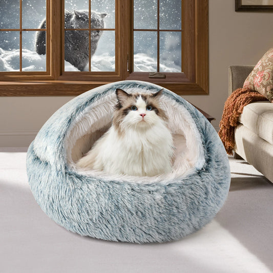Catism 50Cm Plush Hooded Cat Bed Indoor Calming Nest Self Warming Cozy Cave