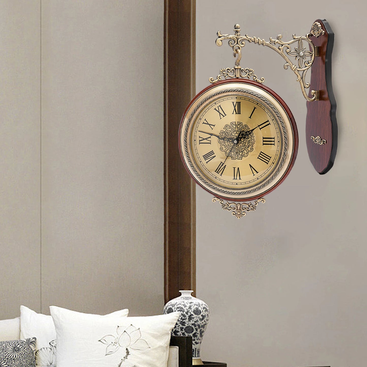 European Art Wall Clock Silent Retro Large Metal Wood Double Sided Wall Clock Living Room Home Decor