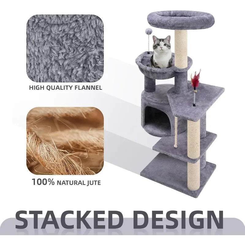 42.5 Inch Cat Tree for Indoor Cats Multifunctional Cat Tower with Cozy Condo Perches Scratching Posts and Hammock