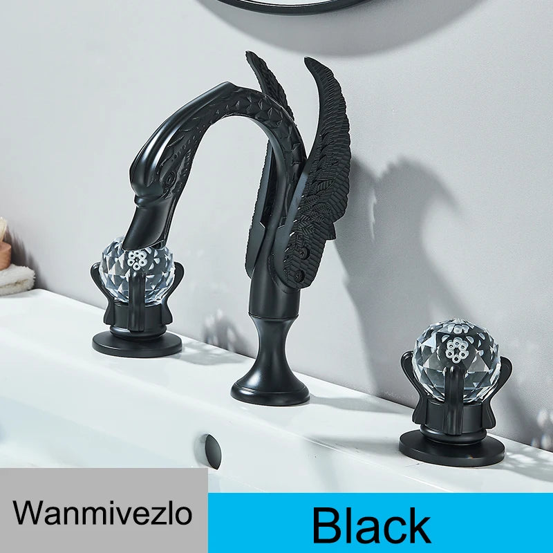 Wanmivezlo Gold Swan Basin Faucet Luxury Deck Mounted Dual Crystal Handle Bathroom Mixer Tap Cold and Hot Water