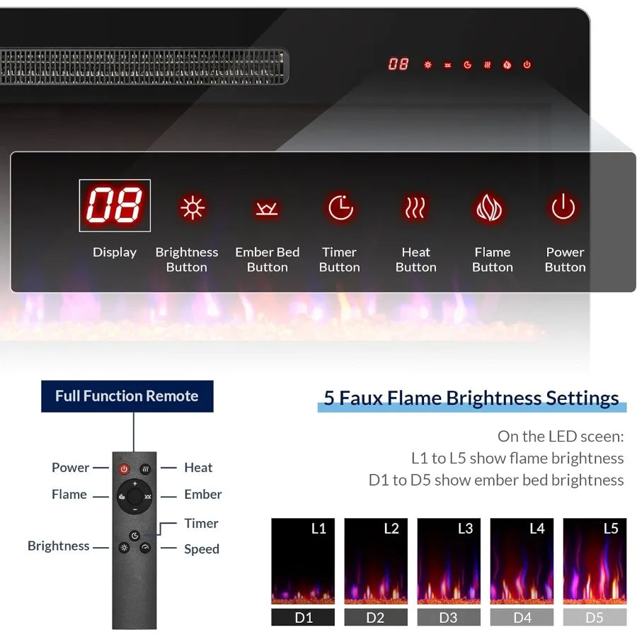 Hign-concerned Electric Fireplace Heater 1400W Recessed Wall Mount Remote