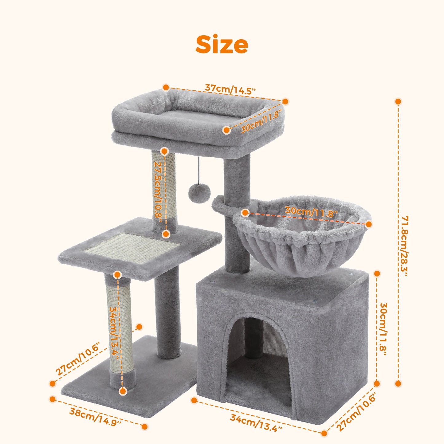 Cat Tree Cat Tower for Indoor Cats with Big Hammock Grey