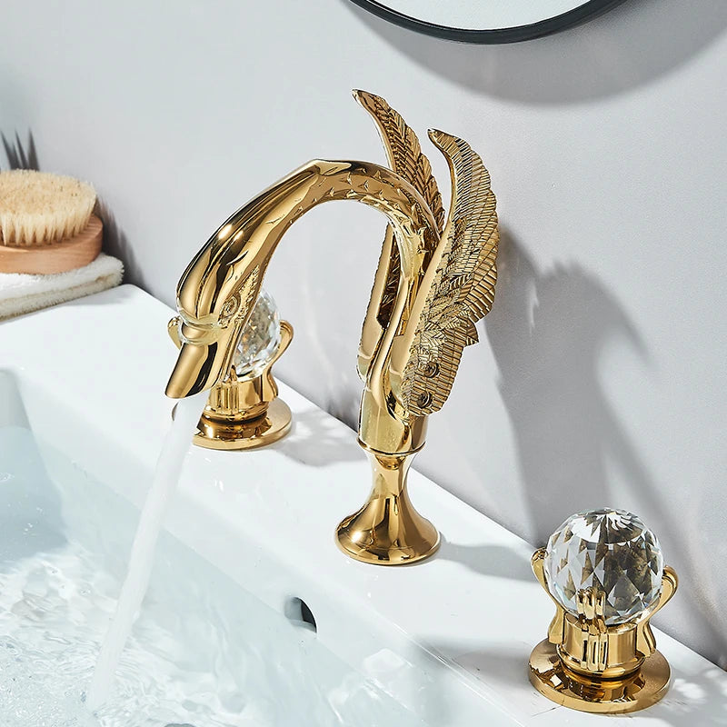 Wanmivezlo Gold Swan Basin Faucet Luxury Deck Mounted Dual Crystal Handle Bathroom Mixer Tap Cold and Hot Water