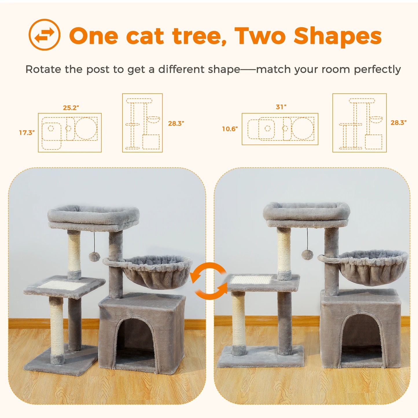 Cat Tree Cat Tower for Indoor Cats with Big Hammock Grey