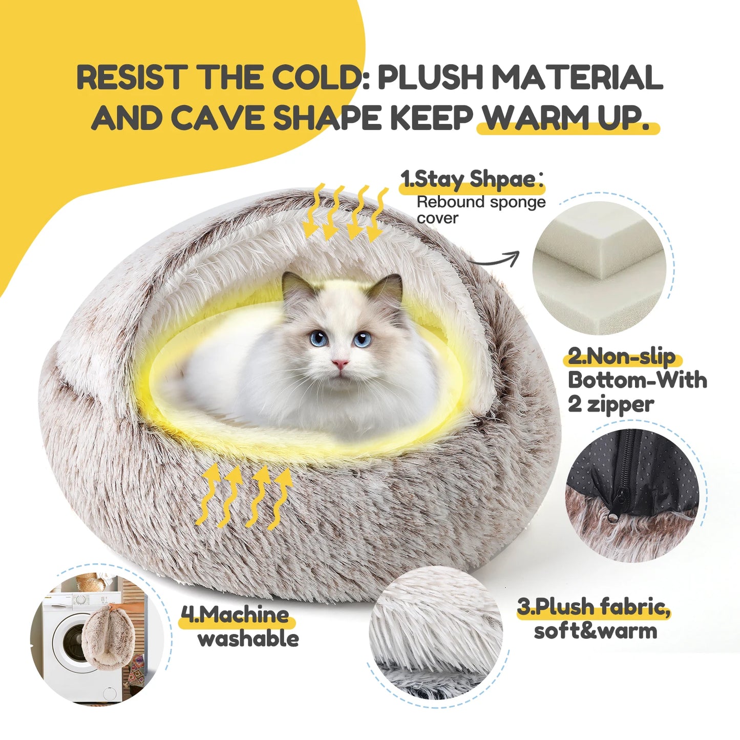 Catism 50Cm Plush Hooded Cat Bed Indoor Calming Nest Self Warming Cozy Cave