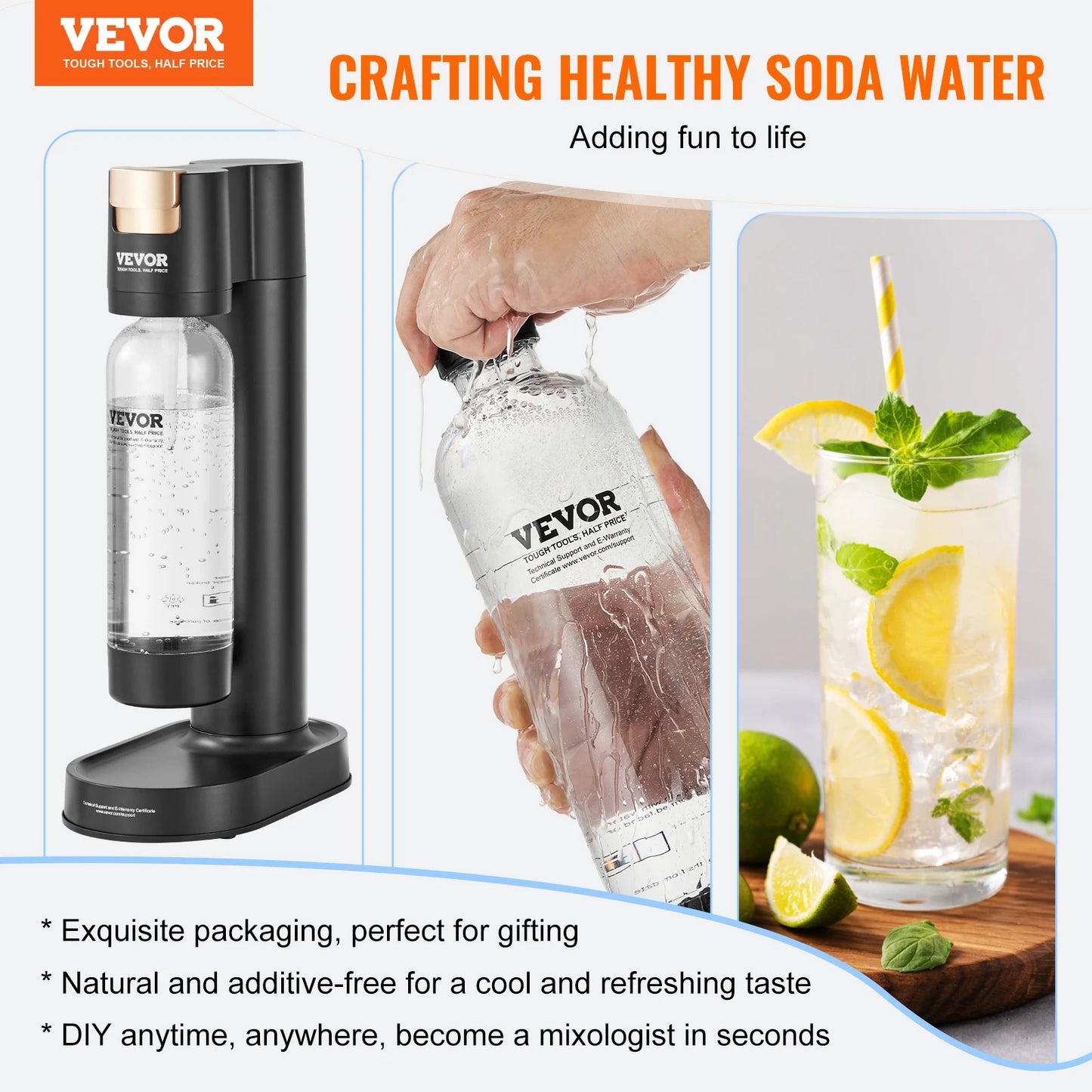 Vevor Sparkling Water Maker Soda Maker Machine for Home Carbonating Seltzer Water Starter Kit with BPA Free 1L PET Bottle