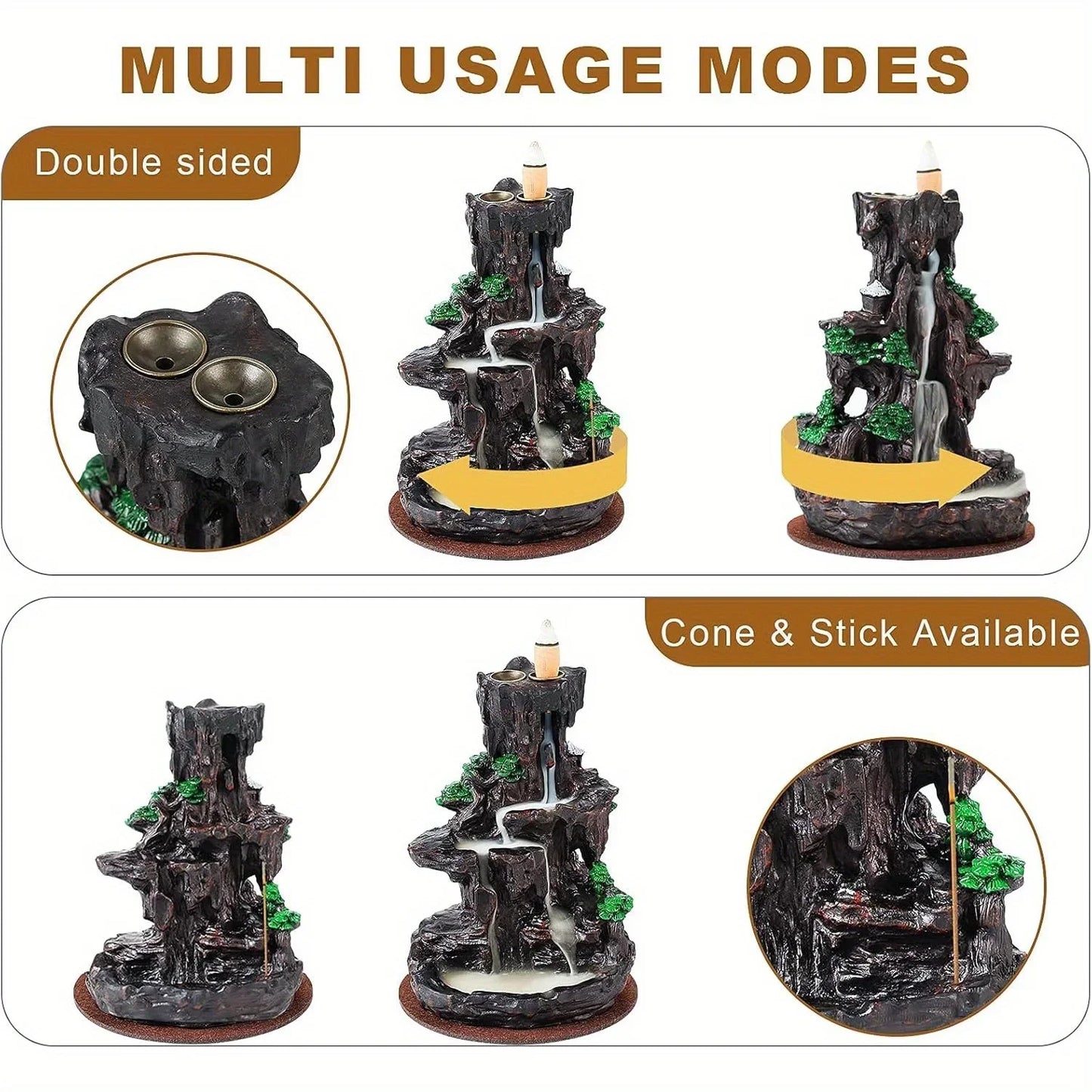 2 Sides Waterfall Incense Burner with 120 Backflow Incense Cones and 30 Incense Sticks Aromatherapy Ornament