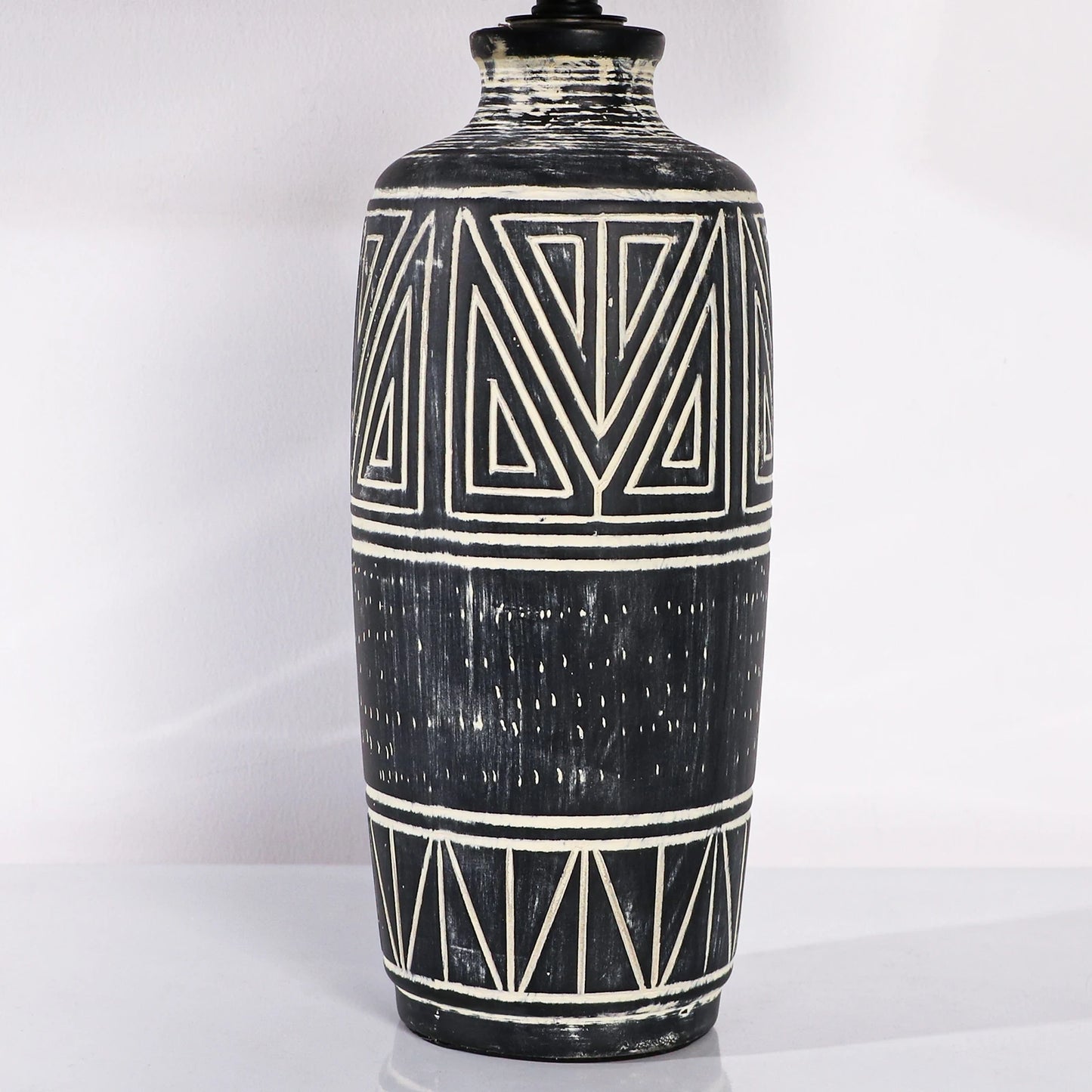 2 Pack 25-Inch Carved Geometric Ceramic Table Lamp With Linen Shade, Southwest's Rustic Accent Lamps