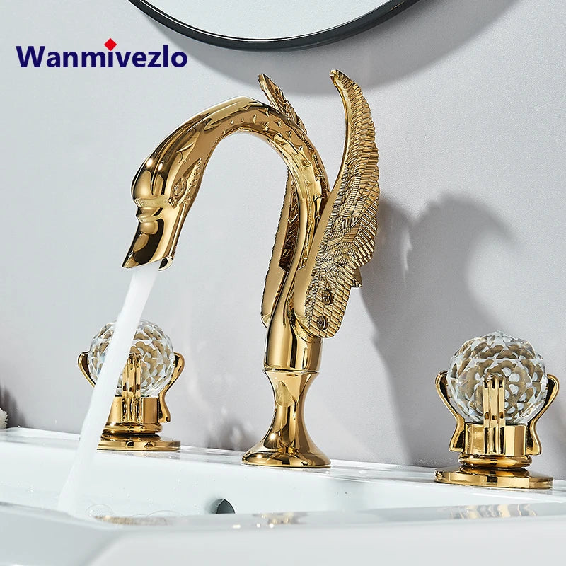Wanmivezlo Gold Swan Basin Faucet Luxury Deck Mounted Dual Crystal Handle Bathroom Mixer Tap Cold and Hot Water