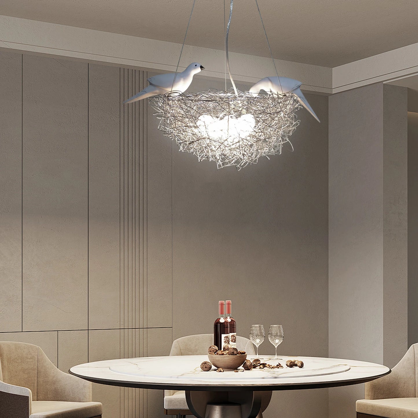 5 Light Woven Nest Chandelier Contemporary Metal Pendant Lamp with Bird Accents LED Hanging Ceiling Light Fixture