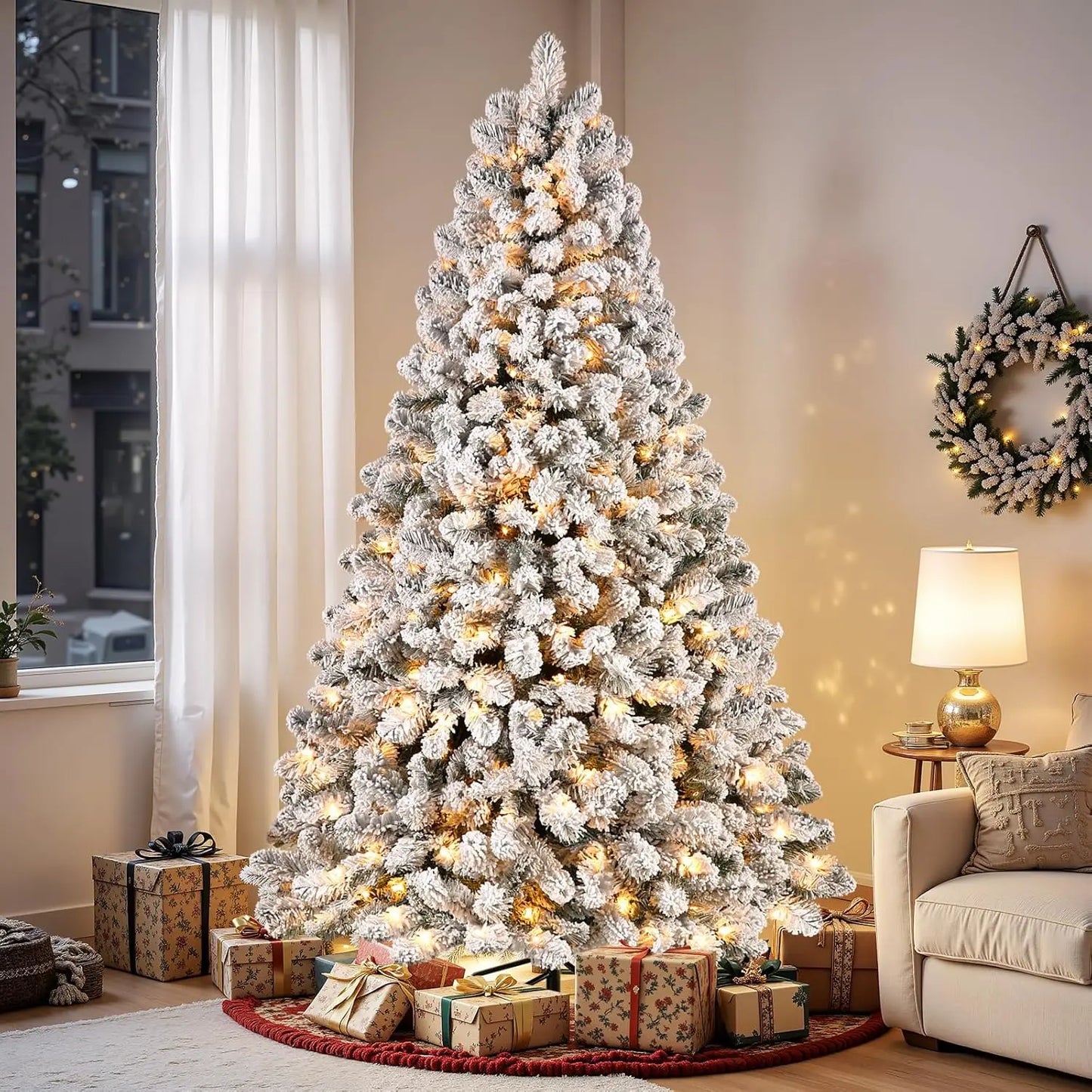 Prelit Flocked Spruce Christmas Tree 350 Warm White Lights Foldable