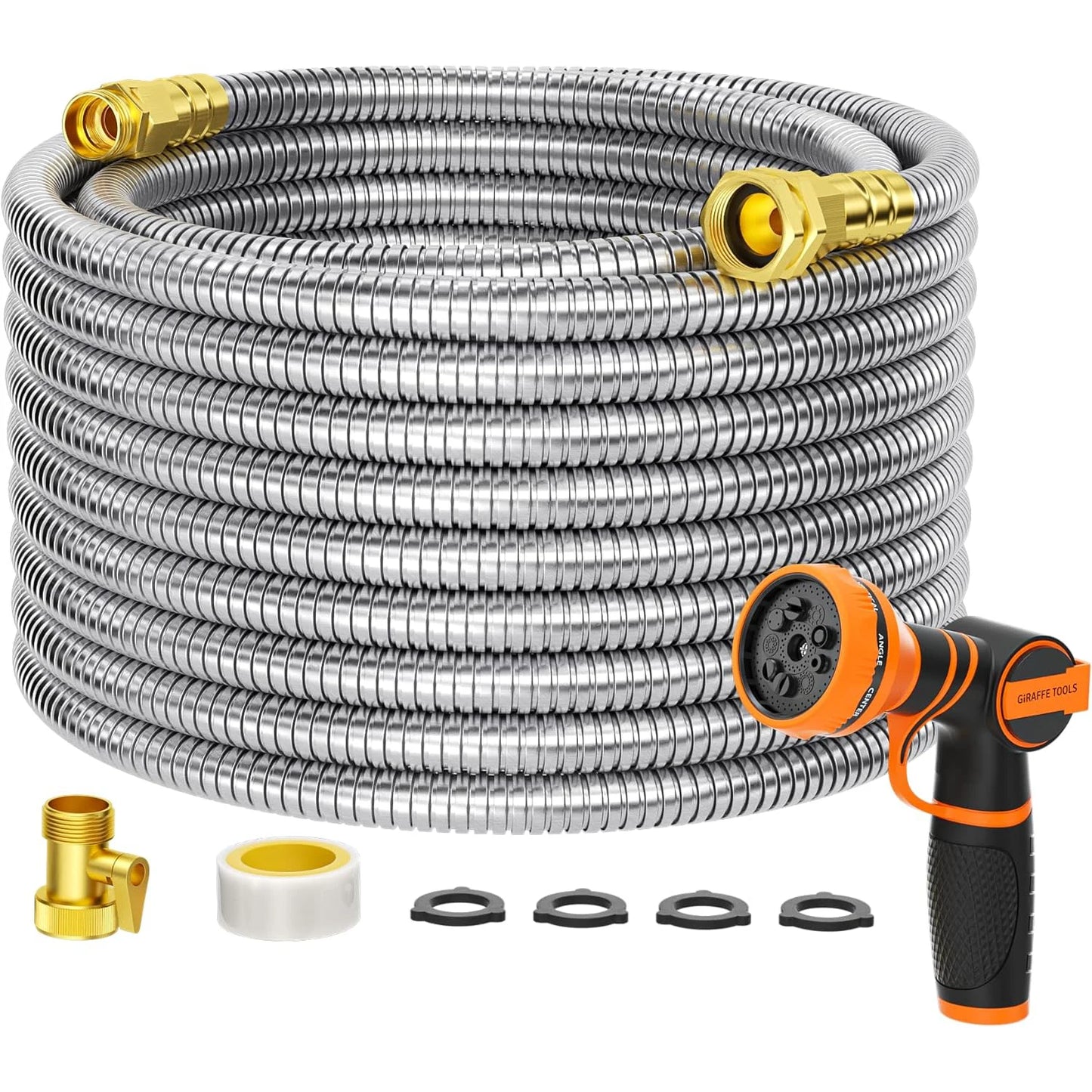 Giraffe Tools 5/8 Inch Garden Hose 304 Stainless Steel Metal Water Hose No Kink Garden Water Hose with 9 Pattern Spray Nozzle