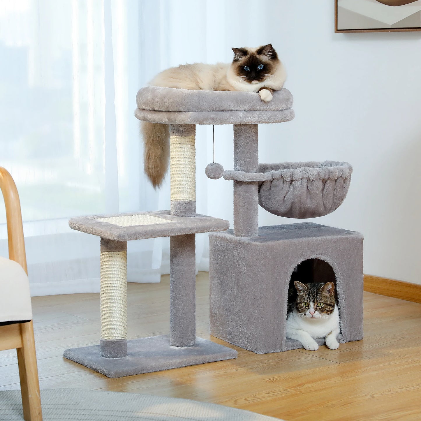 2 in 1 Cat Tree with Sisal Scratching Post Hammock Large Cat Condo Small Cat Tower House for Indoor Cat Scratcher Board Cat Toys