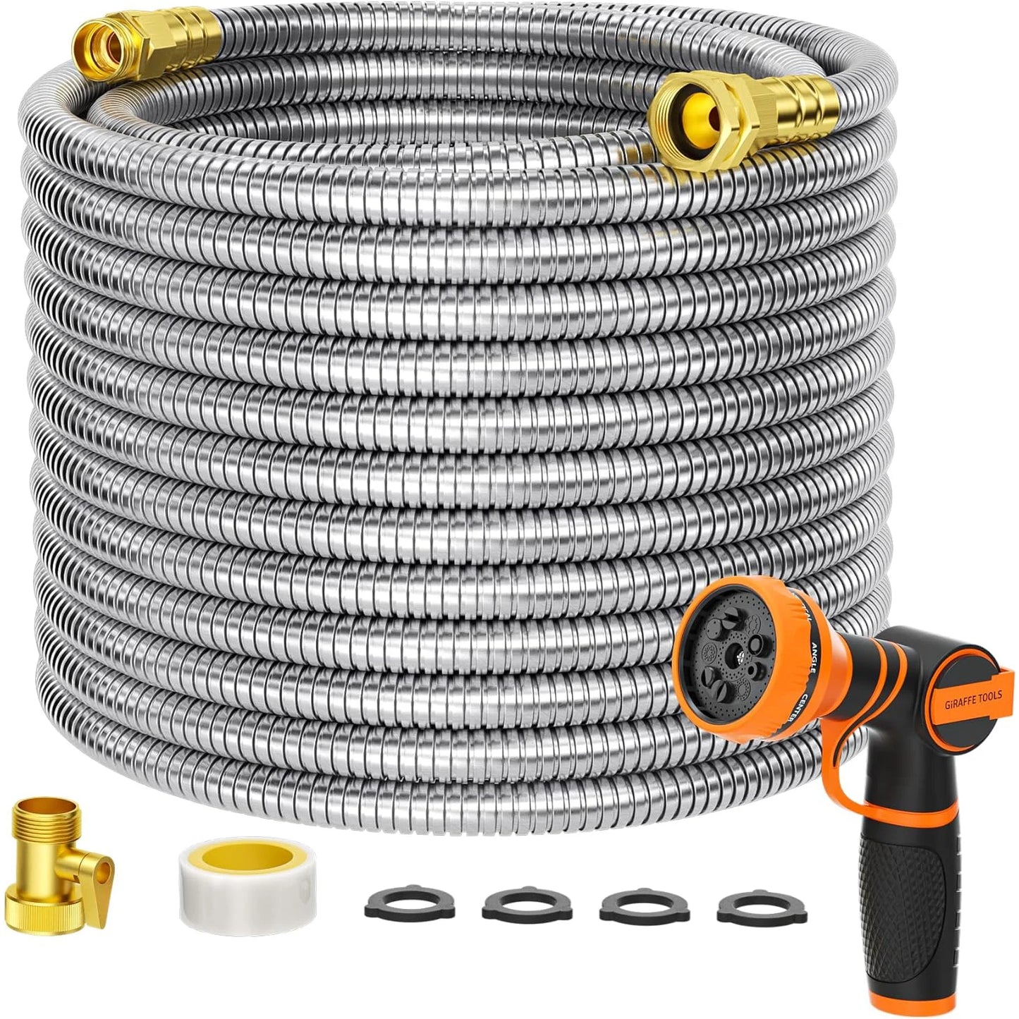 Giraffe Tools 5/8 Inch Garden Hose 304 Stainless Steel Metal Water Hose No Kink Garden Water Hose with 9 Pattern Spray Nozzle