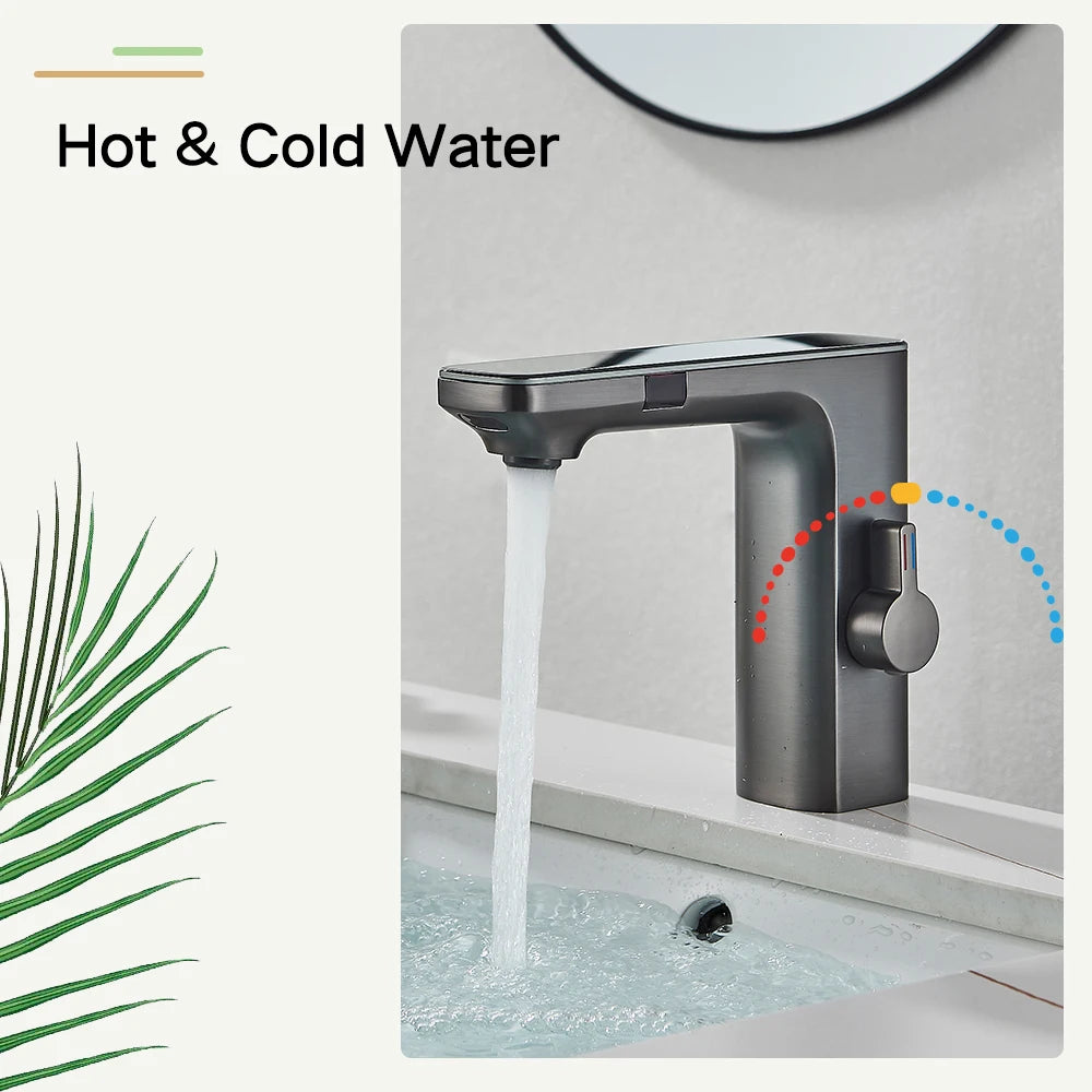 Rozin Touchless Sensor Basin Faucet with Smart Digital Display Grey Brass Hot and Cold Water Mixer Tap