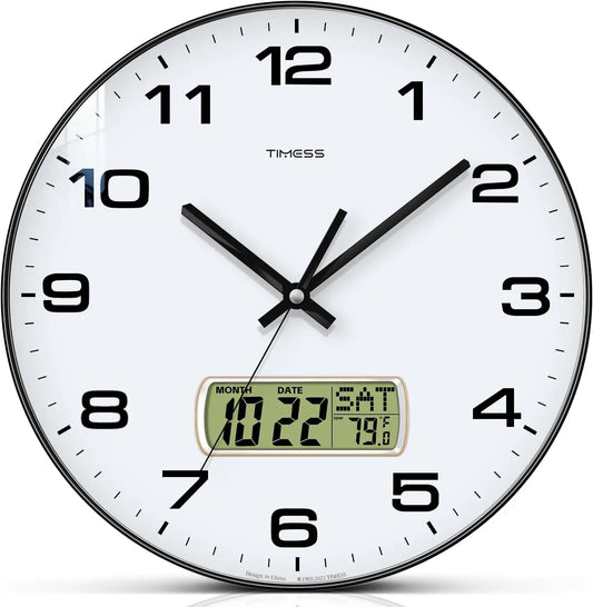 TIMESS Calendar Wall Clock with Temperature Display in 3 Sizes