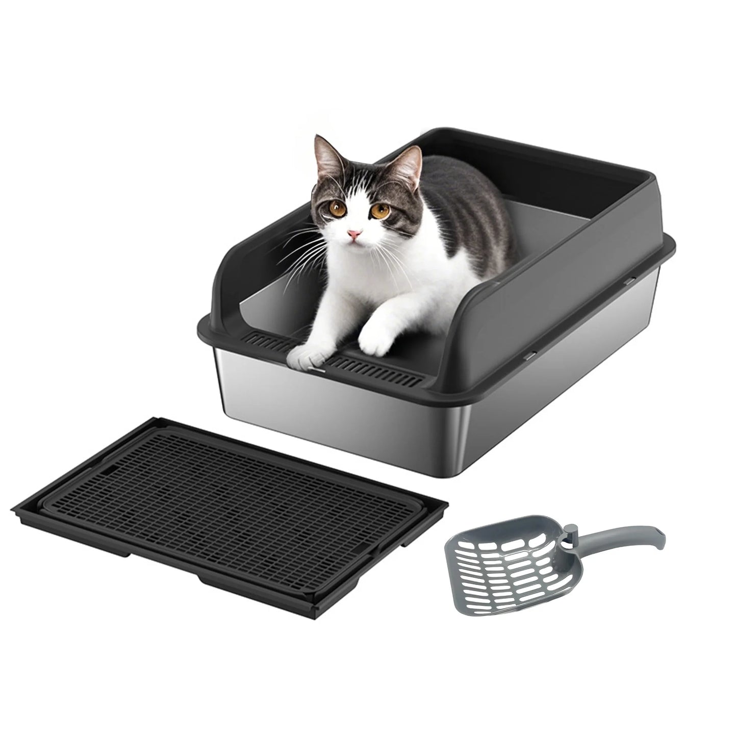 Stainless Steel Cat Litter Box High Sided For Big Cats Double Layer Litter Mat And Scoop Included