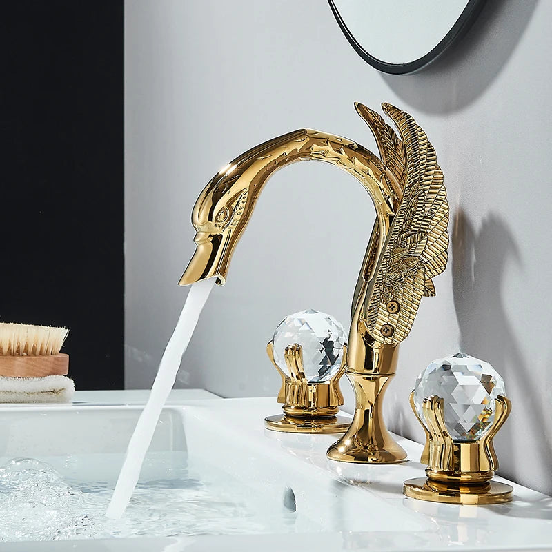 Wanmivezlo Gold Swan Basin Faucet Luxury Deck Mounted Dual Crystal Handle Bathroom Mixer Tap Cold and Hot Water