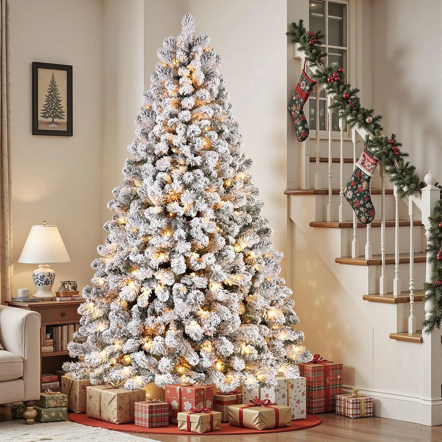 Prelit Flocked Spruce Christmas Tree 350 Warm White Lights Foldable