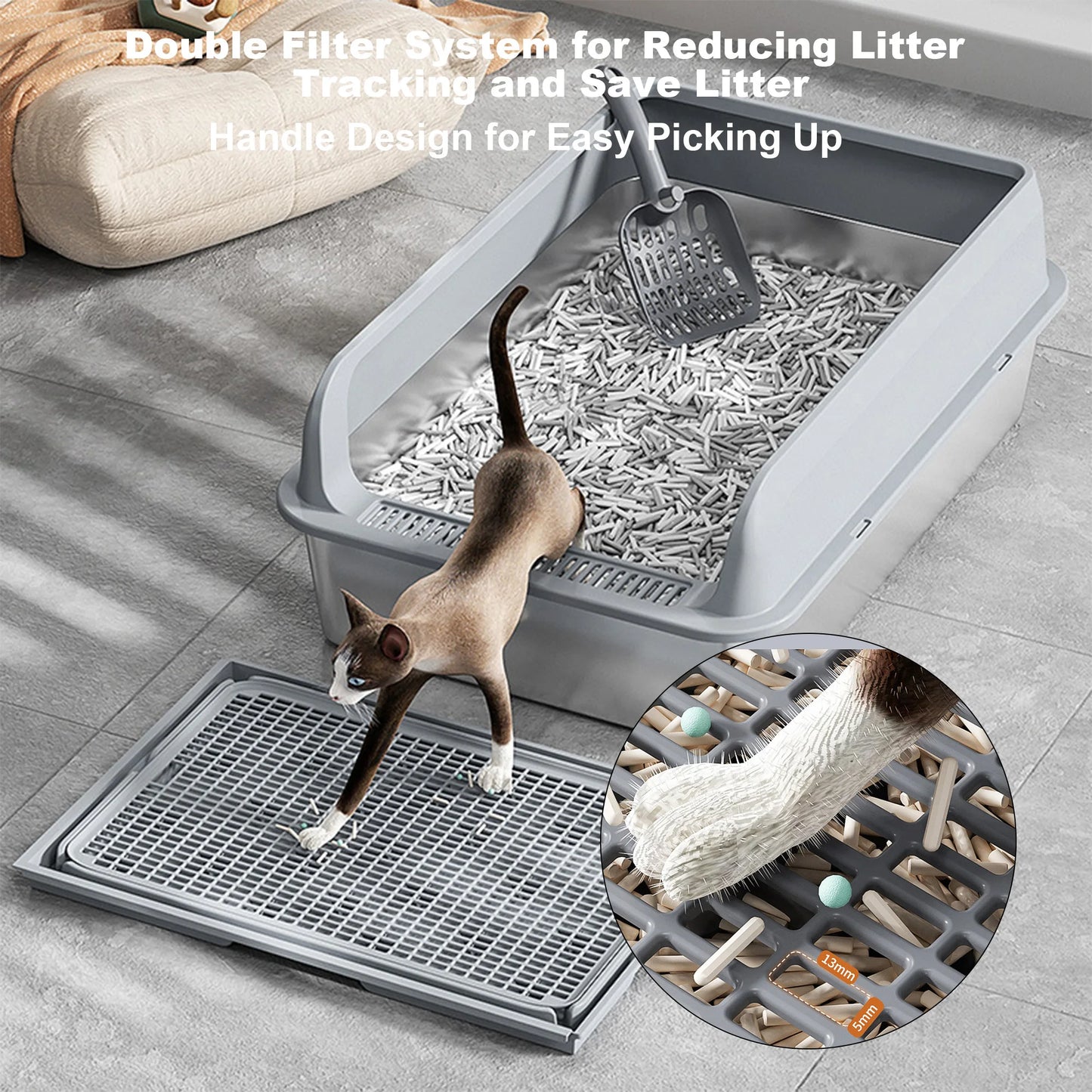 Stainless Steel Cat Litter Box High Sided For Big Cats Double Layer Litter Mat And Scoop Included