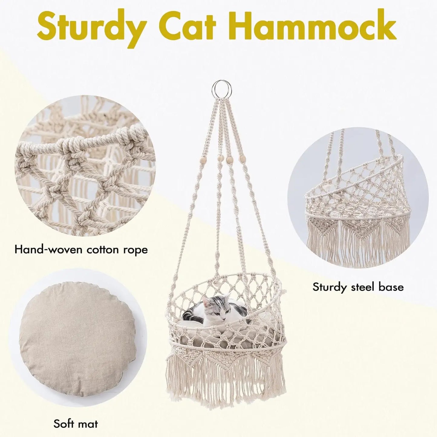 Mewoofun Macrame Cat Hammock Bed Hanging Swing Boho Cat Bed