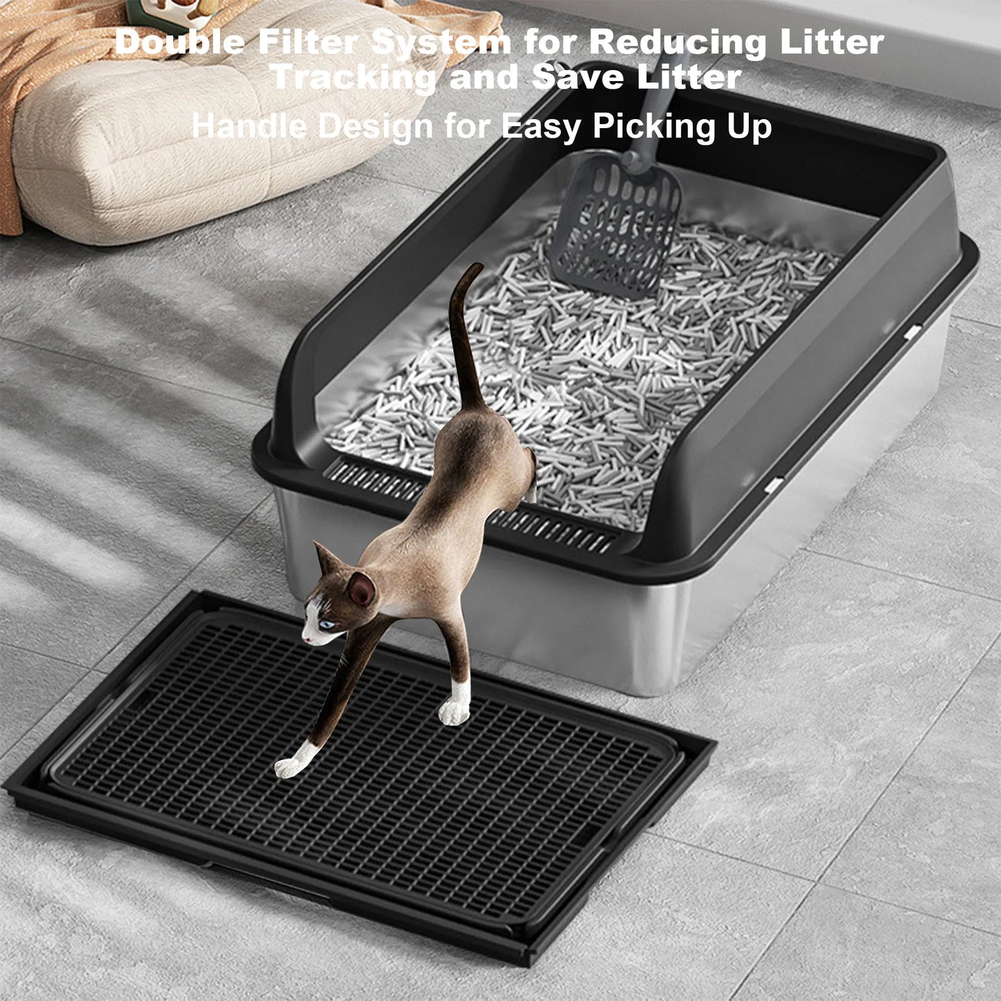 Stainless Steel Cat Litter Box High Sided For Big Cats Double Layer Litter Mat And Scoop Included
