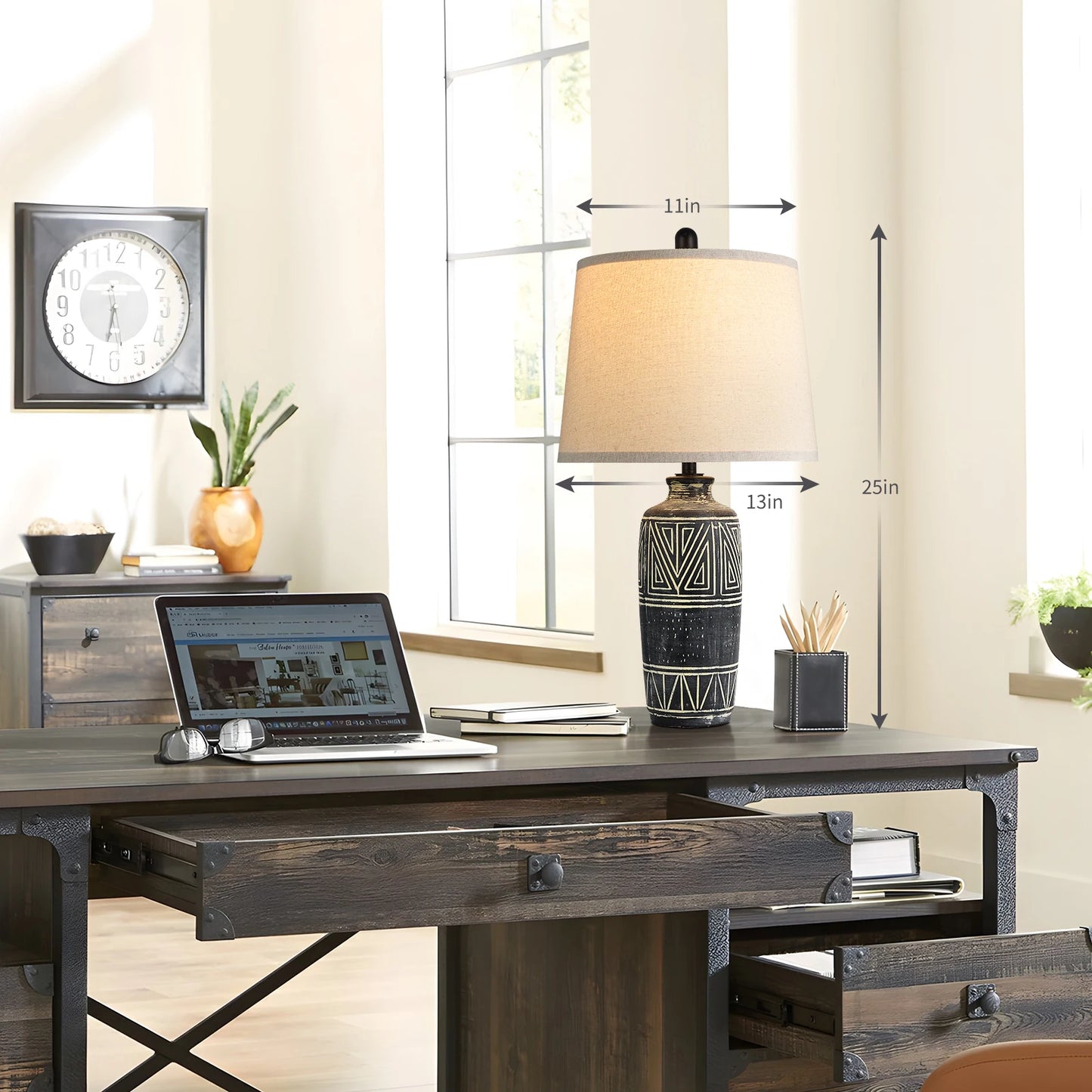 2 Pack 25-Inch Carved Geometric Ceramic Table Lamp With Linen Shade, Southwest's Rustic Accent Lamps