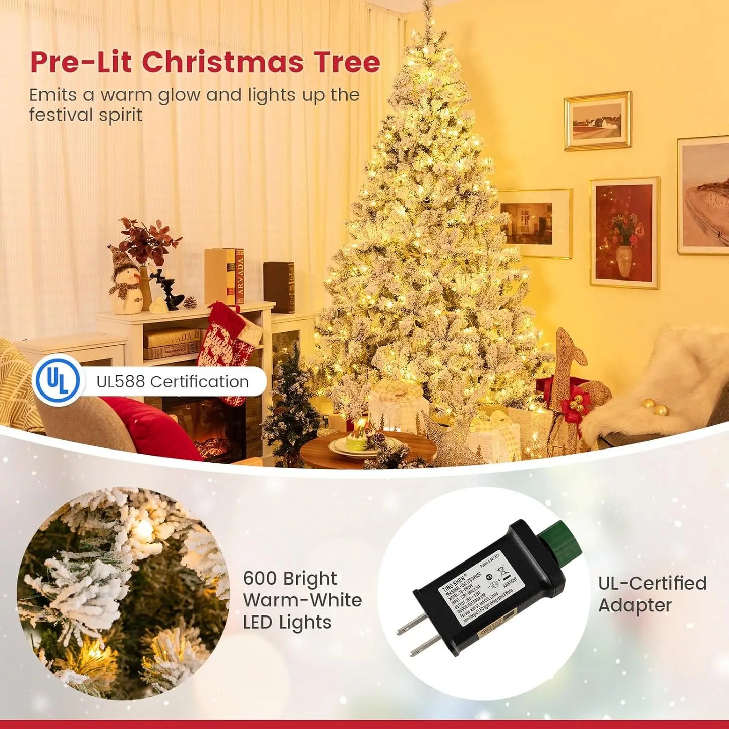 Electronic Pre Lit Flocked Christmas Tree With 600 LED Lights