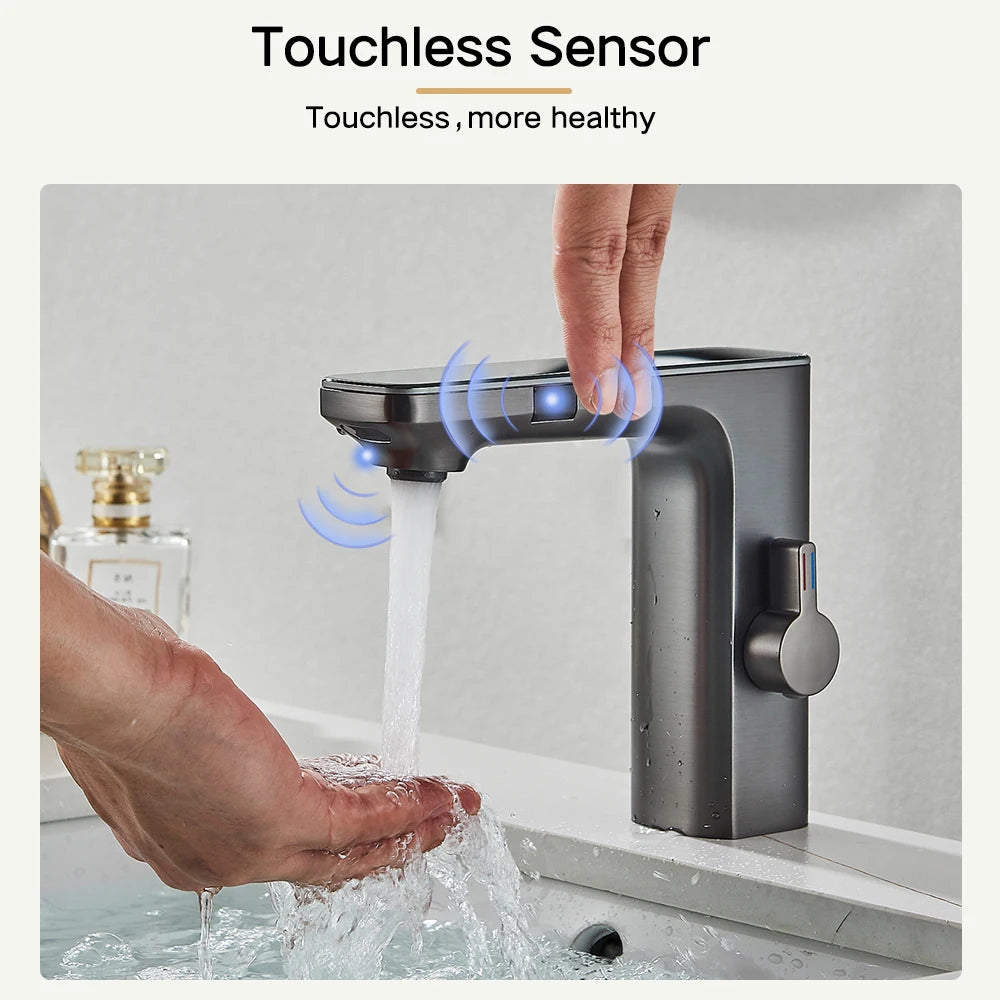 Rozin Touchless Sensor Basin Faucet with Smart Digital Display Grey Brass Hot and Cold Water Mixer Tap