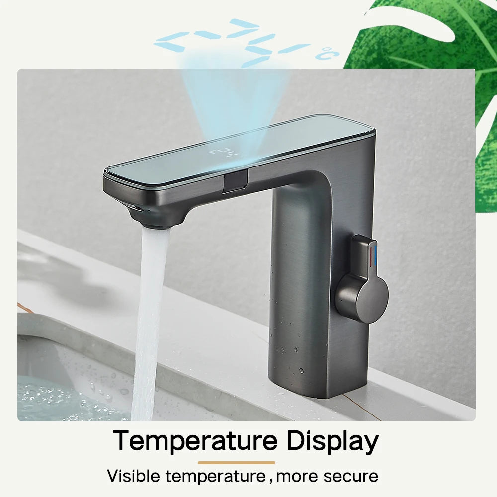 Rozin Touchless Sensor Basin Faucet with Smart Digital Display Grey Brass Hot and Cold Water Mixer Tap