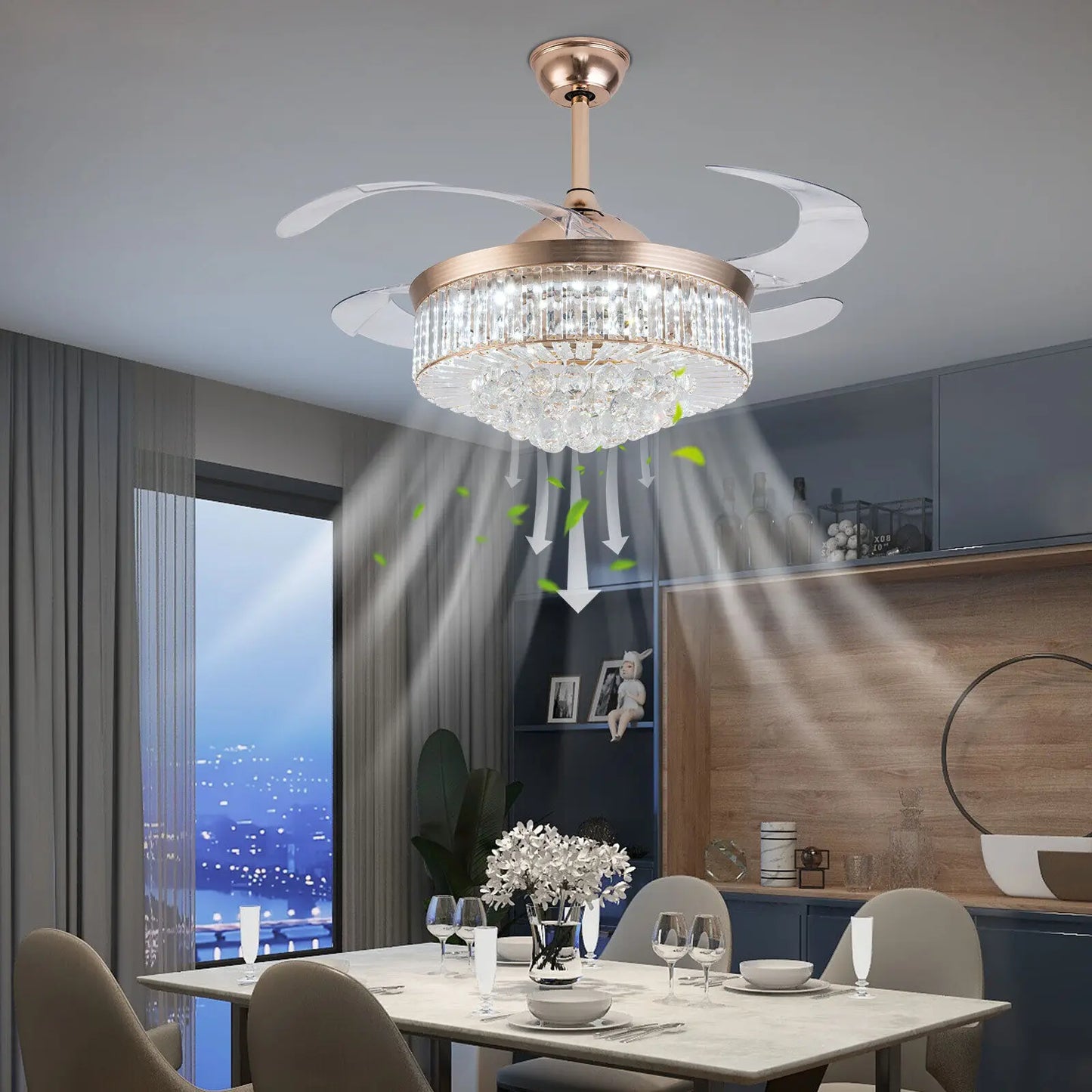 42 Inch Invisible LED Ceiling Fan Light Crystal Retractable Chandelier Lamp with Remote Control