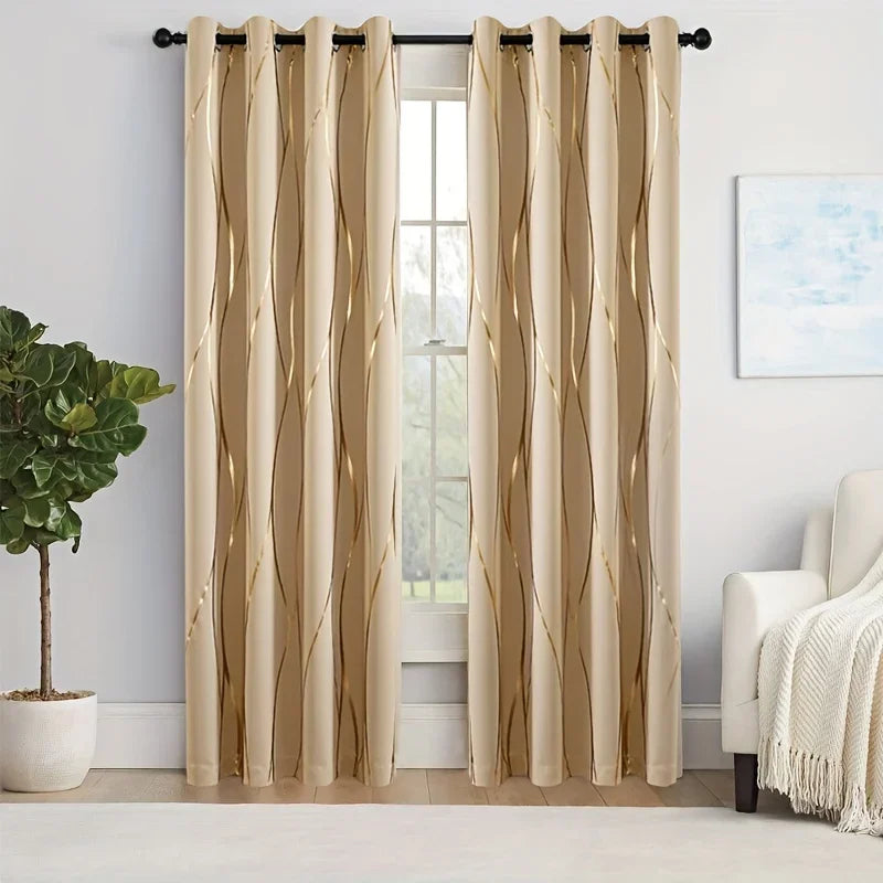 2Pcs Golden Wave & Circle Blackout Curtains Thermal Insulated Light Filtering Drapes