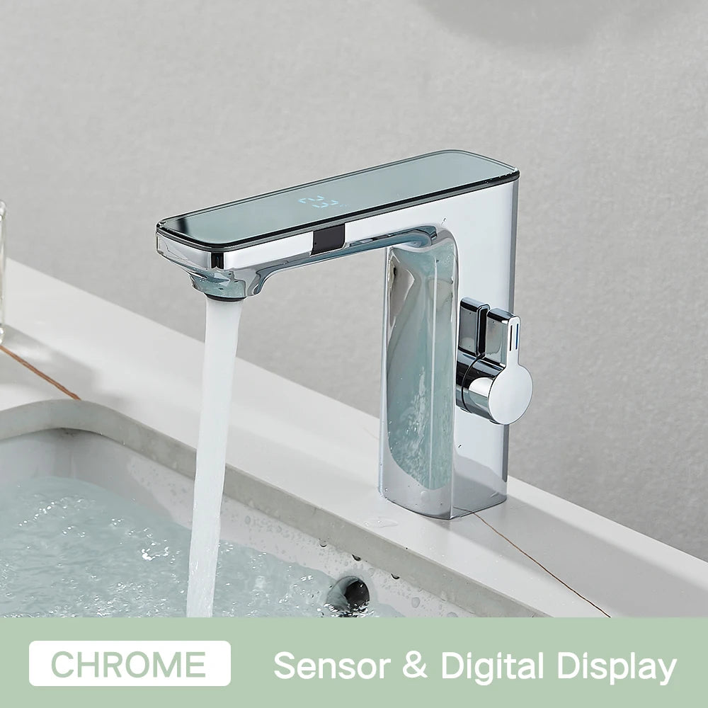 Rozin Touchless Sensor Basin Faucet with Smart Digital Display Grey Brass Hot and Cold Water Mixer Tap